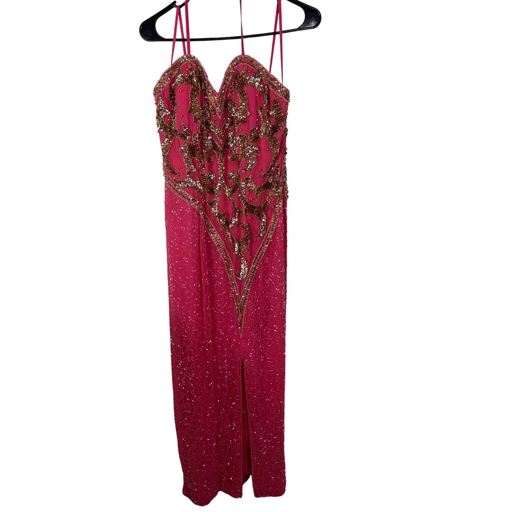 Sho Max Originals Strapless Vintage‎ Pink Beaded Formal Silk Dress Women Large